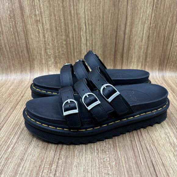 DR MARTENS US 9 Black Blaire Slide 3-Strap Platform SANDALS Shoes - Picture 3 of 8